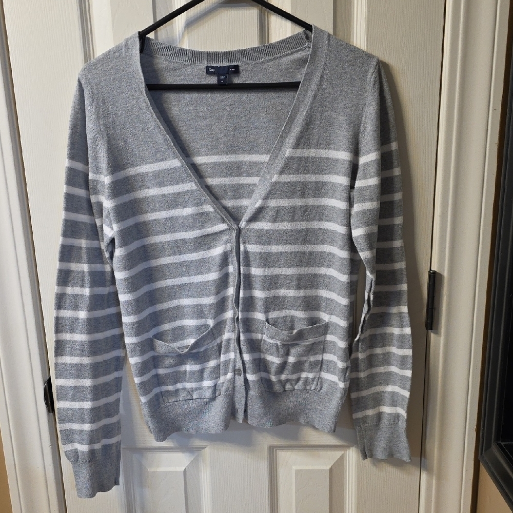 GAP Gray and White Striped Cardigan